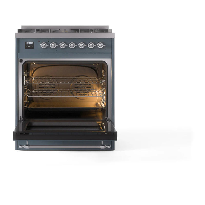 ILVE Nostalgie II Noblesse 30" Dual Fuel Freestanding Range in Blue Grey with Chrome Trim, UN30QNMPBGCLP