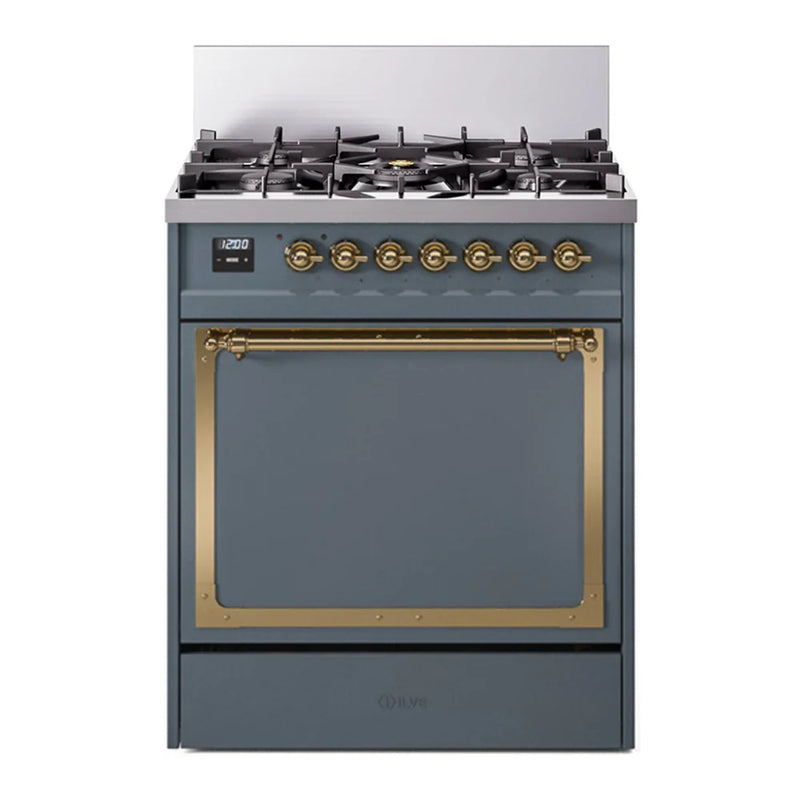 ILVE Nostalgie II Noblesse 30" Dual Fuel Freestanding Range in Blue Grey with Brass Trim, UN30QNMPBGGLP