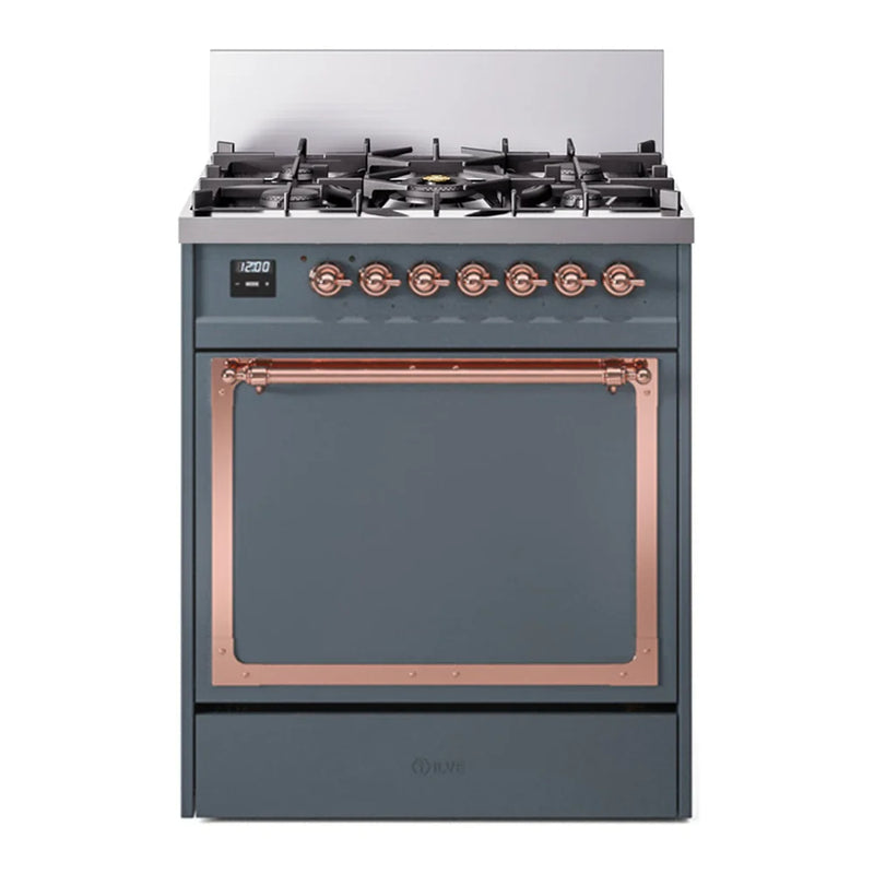 ILVE Nostalgie II Noblesse 30" Dual Fuel Freestanding Range in Blue Grey with Copper Trim, UN30QNMPBGPLP