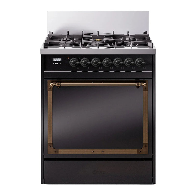 ILVE Nostalgie II Noblesse 30" Dual Fuel Freestanding Range in Glossy Black with Burnished Trim, UN30QNMPBKBLP