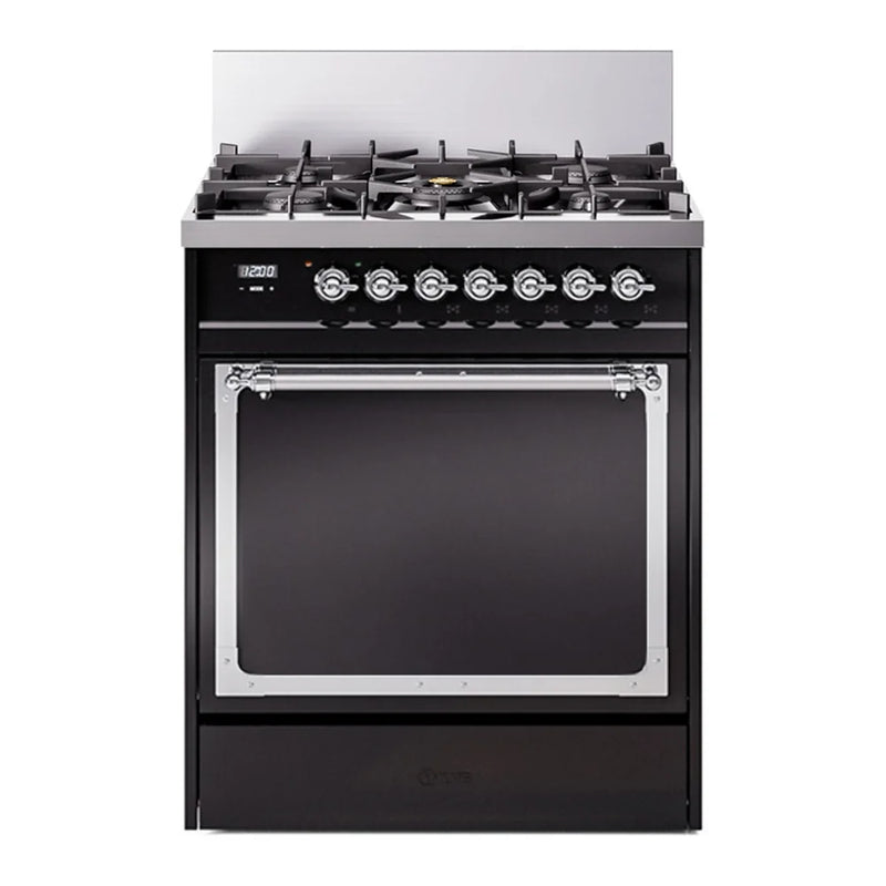 ILVE Nostalgie II Noblesse 30" Dual Fuel Freestanding Range in Glossy Black with Chrome Trim, UN30QNMPBKCLP