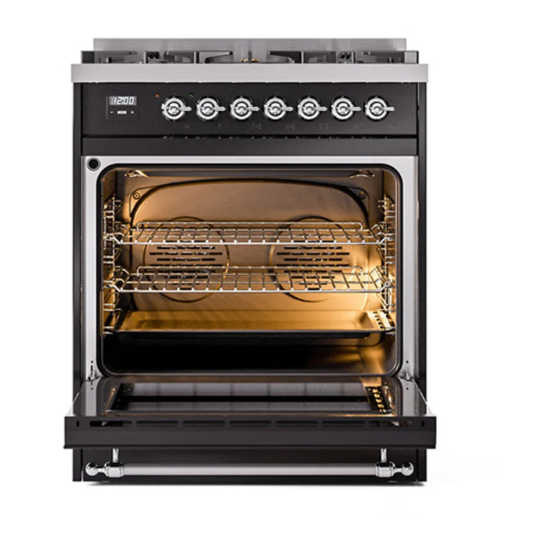 ILVE Nostalgie II Noblesse 30" Dual Fuel Freestanding Range in Glossy Black with Chrome Trim, UN30QNMPBKCLP
