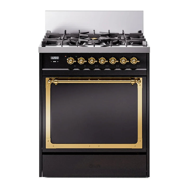 ILVE Nostalgie II Noblesse 30" Dual Fuel Freestanding Range in Glossy Black with Brass Trim, UN30QNMPBKG