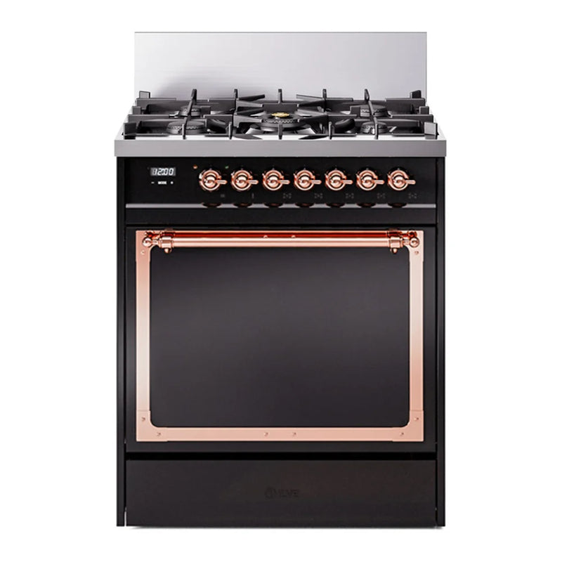 ILVE Nostalgie II Noblesse 30" Dual Fuel Freestanding Range in Glossy Black with Copper Trim, UN30QNMPBKP