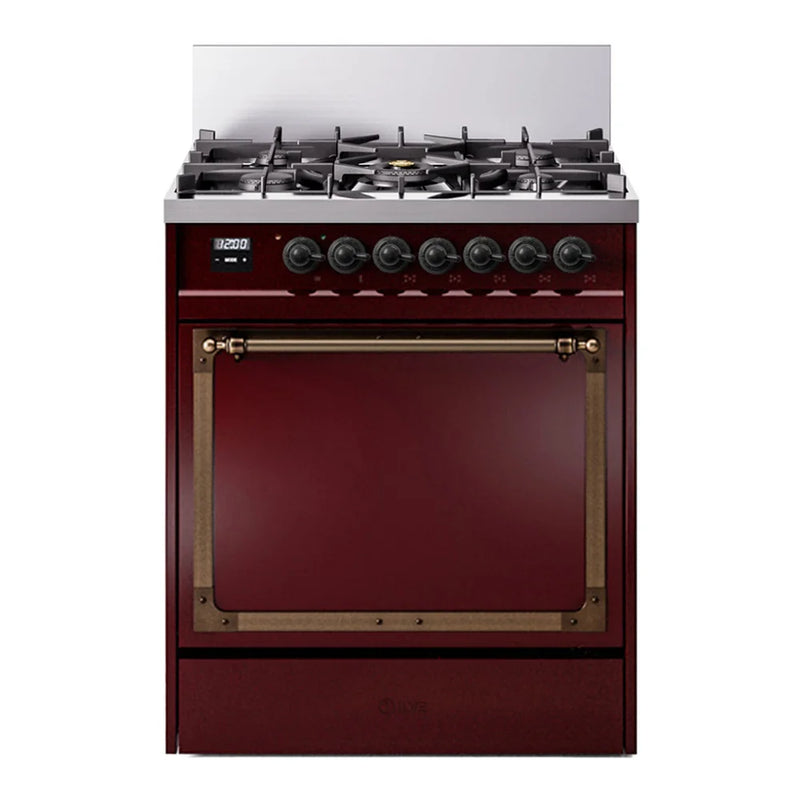 ILVE Nostalgie II Noblesse 30" Dual Fuel Freestanding Range in Burgundy with Burnished Trim, UN30QNMPBUB