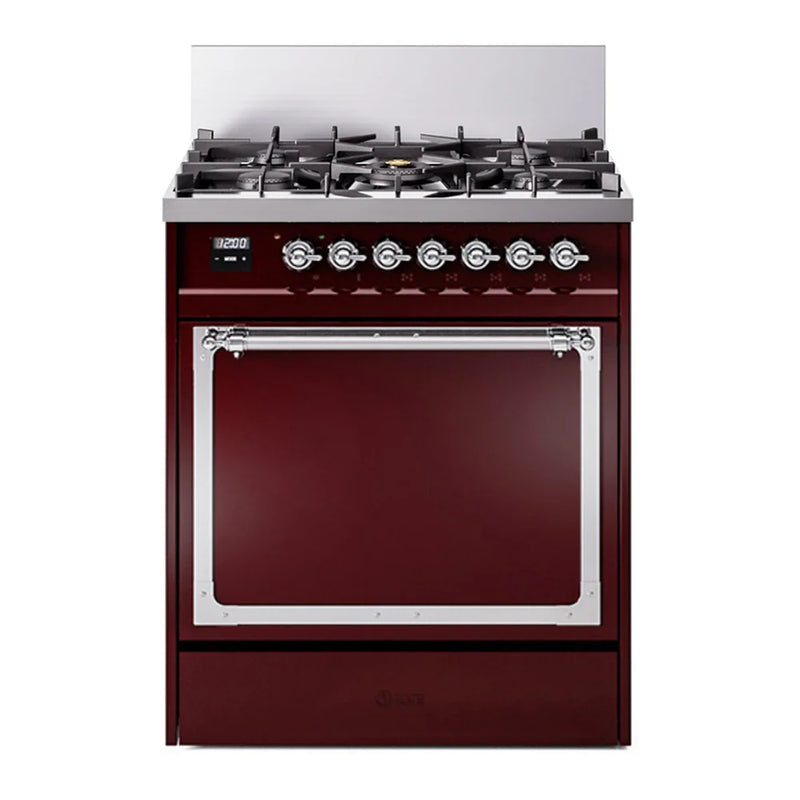ILVE Nostalgie II Noblesse 30" Dual Fuel Freestanding Range in Burgundy with Chrome Trim, UN30QNMPBUCLP