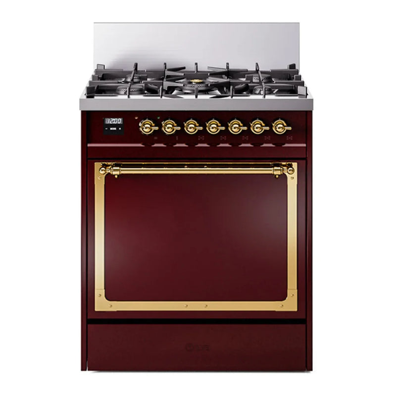 ILVE Nostalgie II Noblesse 30" Dual Fuel Freestanding Range in Burgundy with Brass Trim, UN30QNMPBUG