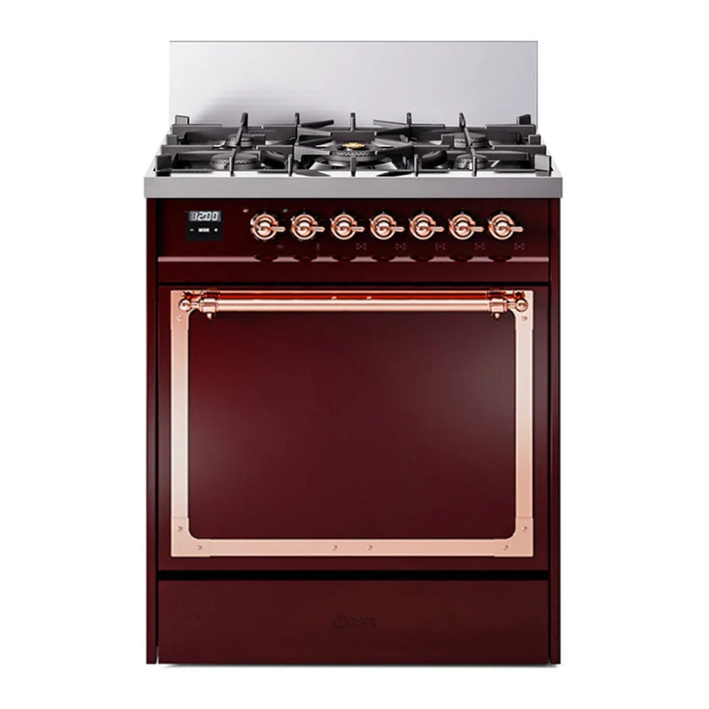 ILVE Nostalgie II Noblesse 30" Dual Fuel Freestanding Range in Burgundy with Copper Trim, UN30QNMPBUPLP