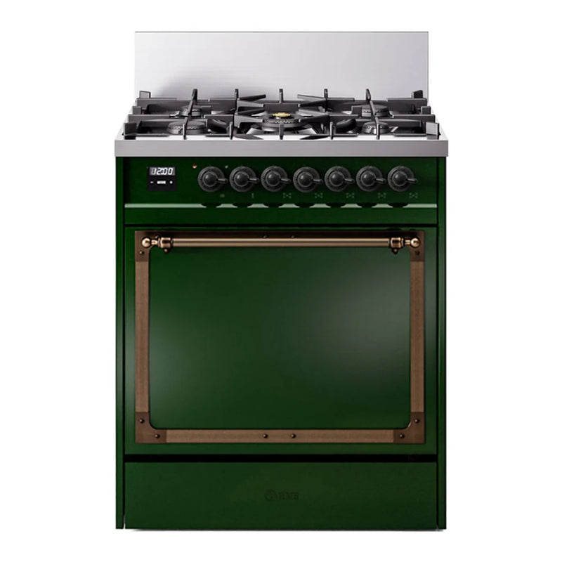 ILVE Nostalgie II Noblesse 30" Dual Fuel Freestanding Range in Emerald Green with Burnished Trim, UN30QNMPEGBLP
