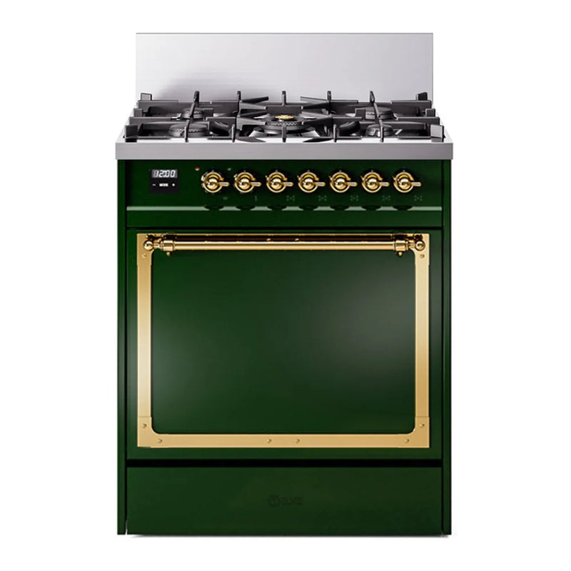 ILVE Nostalgie II Noblesse 30" Dual Fuel Freestanding Range in Emerald Green with Brass Trim, UN30QNMPEGG