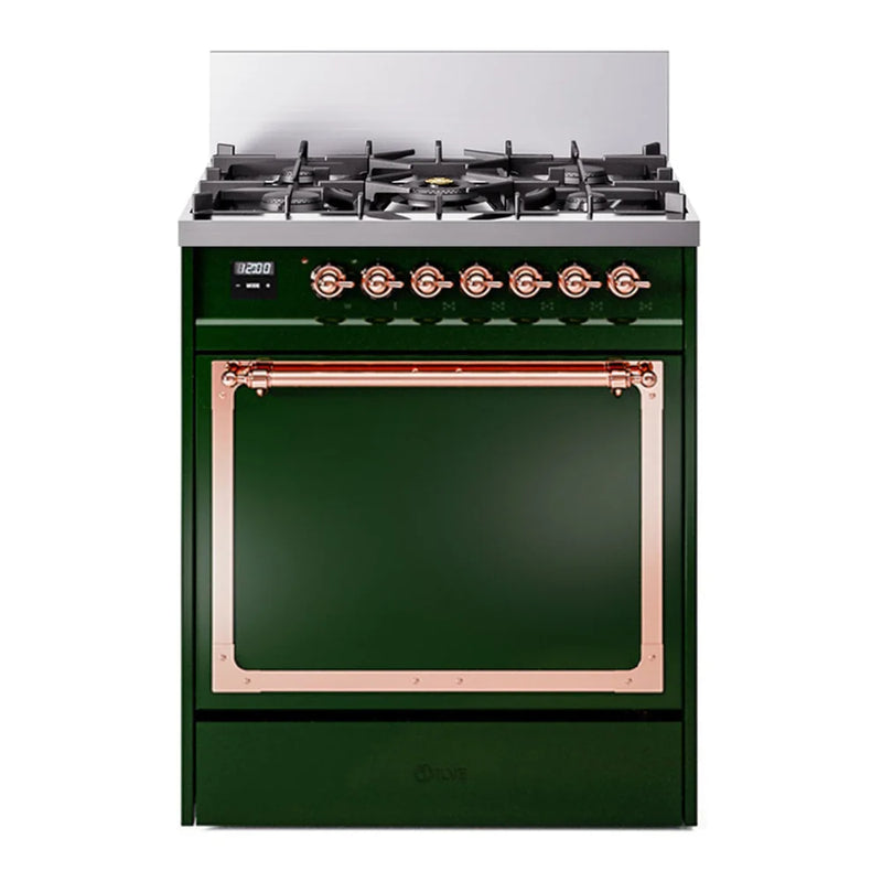 ILVE Nostalgie II Noblesse 30" Dual Fuel Freestanding Range in Emerald Green with Copper Trim, UN30QNMPEGPLP