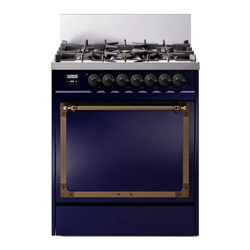 ILVE Nostalgie II Noblesse 30" Dual Fuel Freestanding Range in Midnight Blue with Burnished Trim, UN30QNMPMBBLP