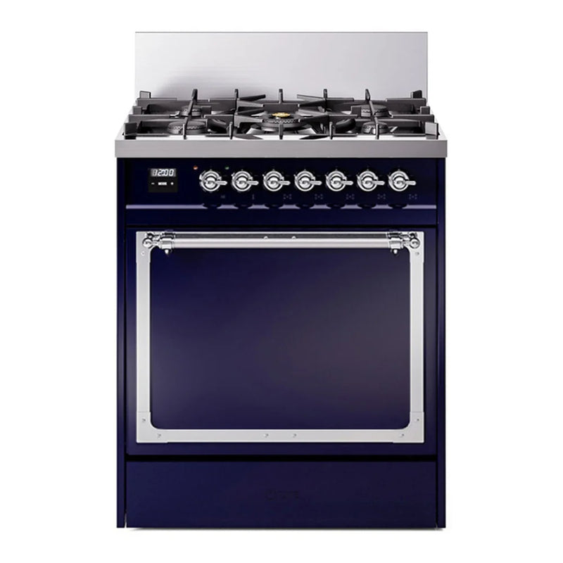 ILVE Nostalgie II Noblesse 30" Dual Fuel Freestanding Range in Midnight Blue with Chrome Trim, UN30QNMPMBC