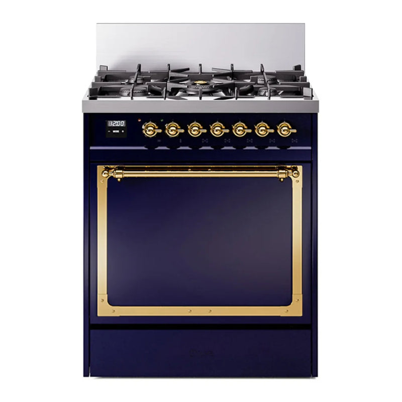 ILVE Nostalgie II Noblesse 30" Dual Fuel Freestanding Range in Midnight Blue with Brass Trim, UN30QNMPMBGLP