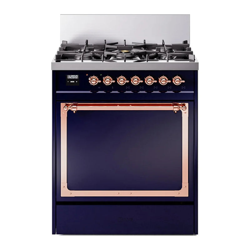 ILVE Nostalgie II Noblesse 30" Dual Fuel Freestanding Range in Midnight Blue with Copper Trim, UN30QNMPMBPLP