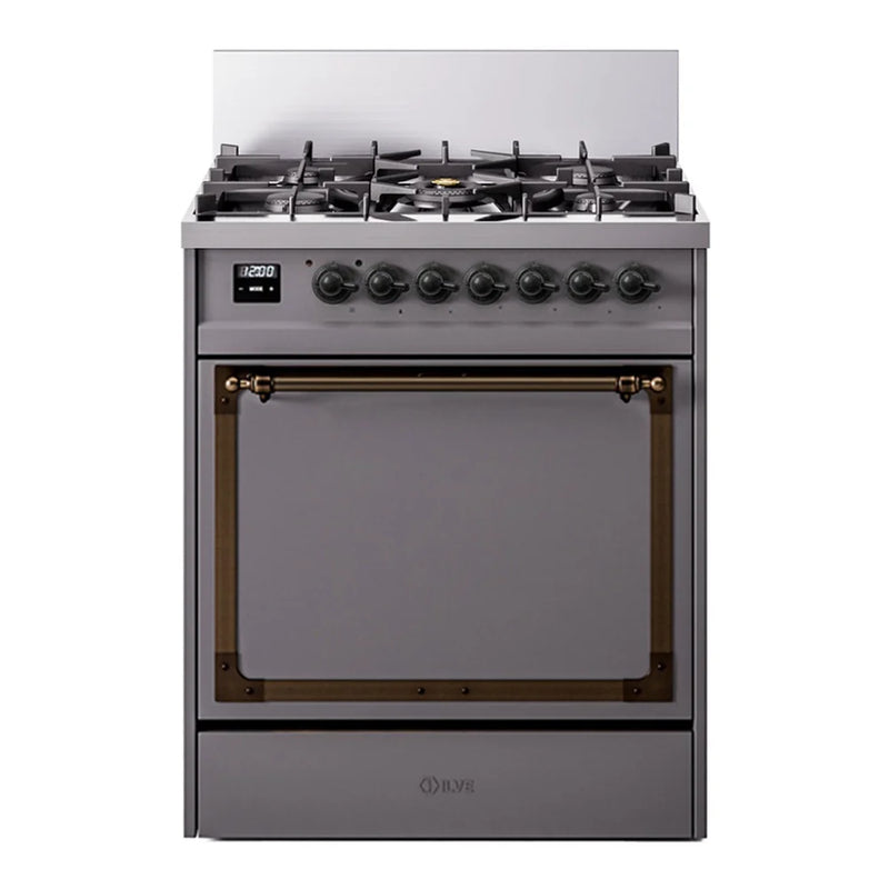 ILVE Nostalgie II Noblesse 30" Dual Fuel Freestanding Range in Graphite Matte with Burnished Trim, UN30QNMPMGB