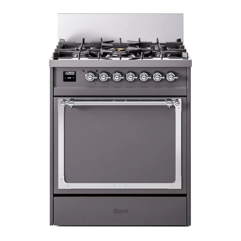 ILVE Nostalgie II Noblesse 30" Dual Fuel Freestanding Range in Graphite Matte with Chrome Trim, UN30QNMPMGCLP