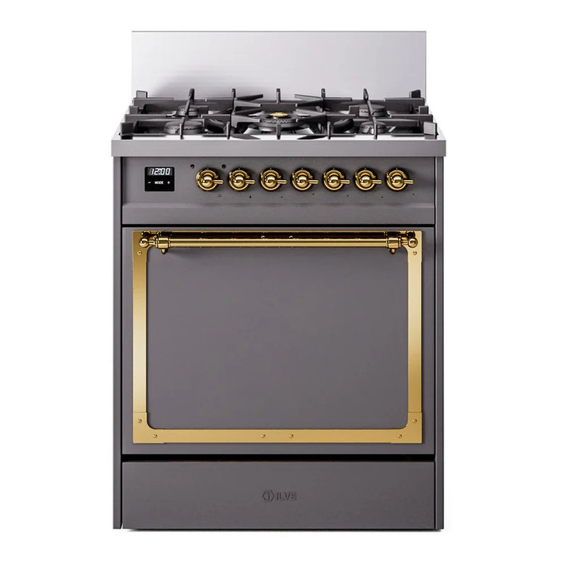 ILVE Nostalgie II Noblesse 30" Dual Fuel Freestanding Range in Graphite Matte with Brass Trim, UN30QNMPMGG