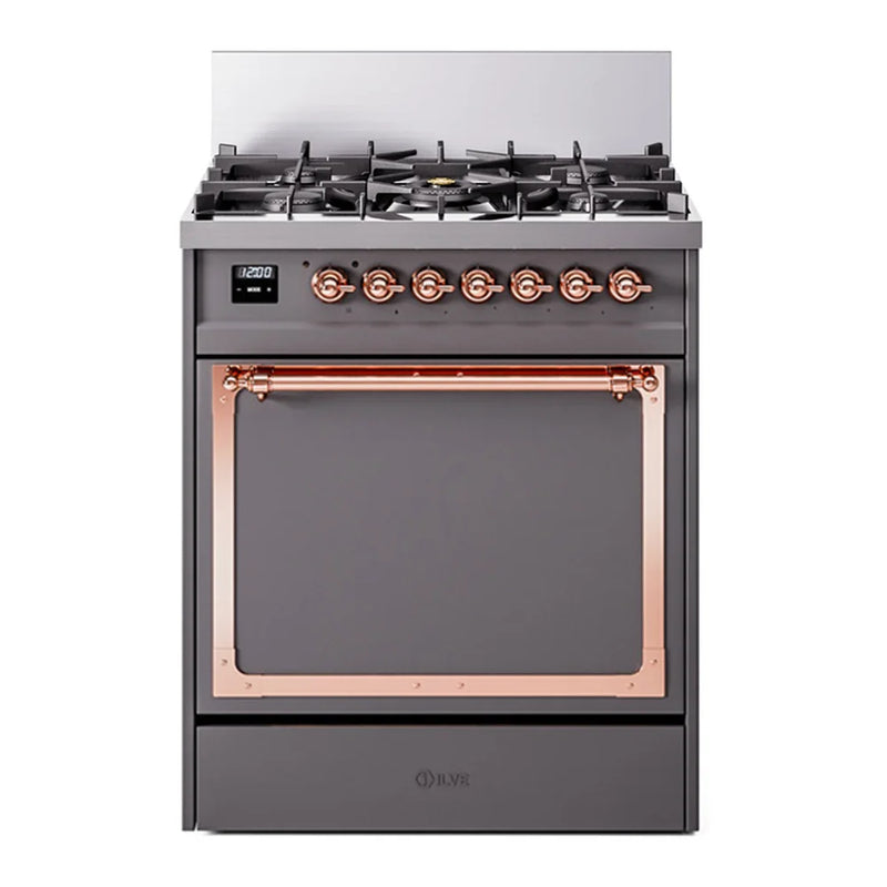 ILVE Nostalgie II Noblesse 30" Dual Fuel Freestanding Range in Graphite Matte with Copper Trim, UN30QNMPMGP