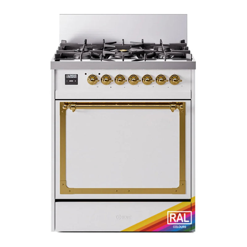 ILVE Nostalgie II Noblesse 30" Dual Fuel Freestanding Range in RAL Color with Brass Trim, UN30QNMPRAG