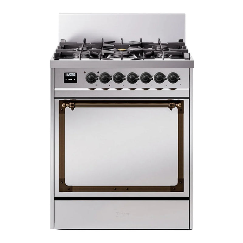 ILVE Nostalgie II Noblesse 30" Dual Fuel Freestanding Range in Stainless Steel with Burnished Trim, UN30QNMPSSBLP