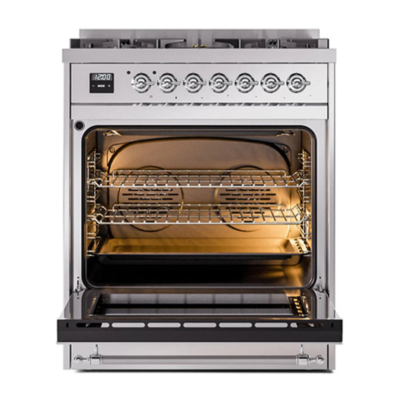ILVE Nostalgie II Noblesse 30" Dual Fuel Freestanding Range in Stainless Steel with Chrome Trim, UN30QNMPSSCLP