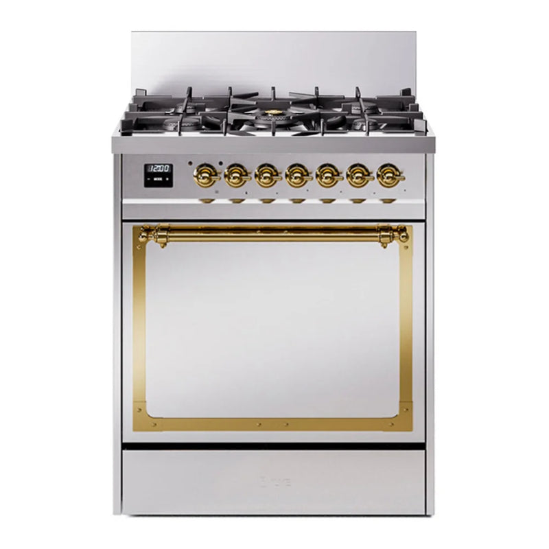 ILVE Nostalgie II Noblesse 30" Dual Fuel Freestanding Range in Stainless Steel with Brass Trim, UN30QNMPSSGLP