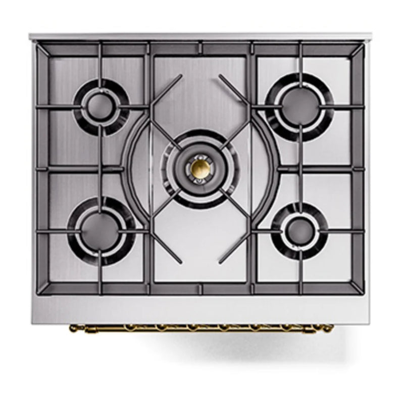 ILVE Nostalgie II Noblesse 30" Dual Fuel Freestanding Range in Stainless Steel with Brass Trim, UN30QNMPSSGLP