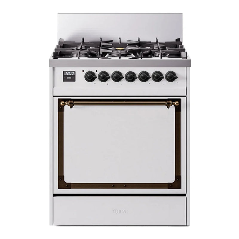 ILVE Nostalgie II Noblesse 30" Dual Fuel Freestanding Range in White with Burnished Trim, UN30QNMPWHBLP