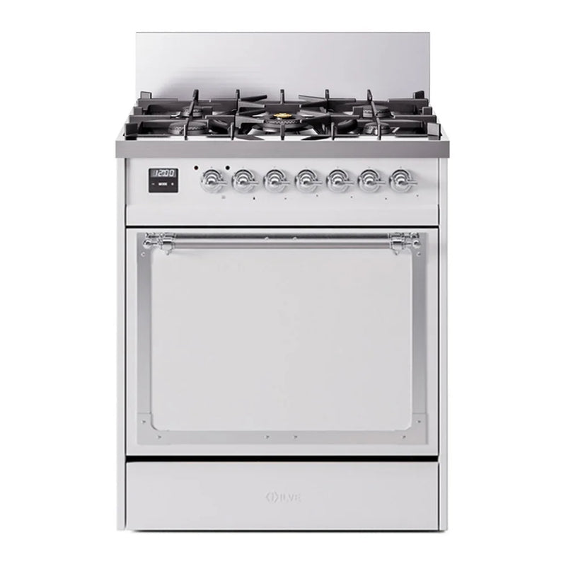 ILVE Nostalgie II Noblesse 30" Dual Fuel Freestanding Range in White with Chrome Trim, UN30QNMPWHCLP
