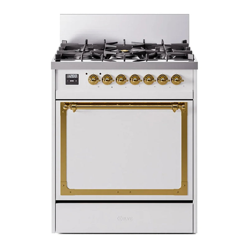 ILVE Nostalgie II Noblesse 30" Dual Fuel Freestanding Range in White with Brass Trim, UN30QNMPWHGLP