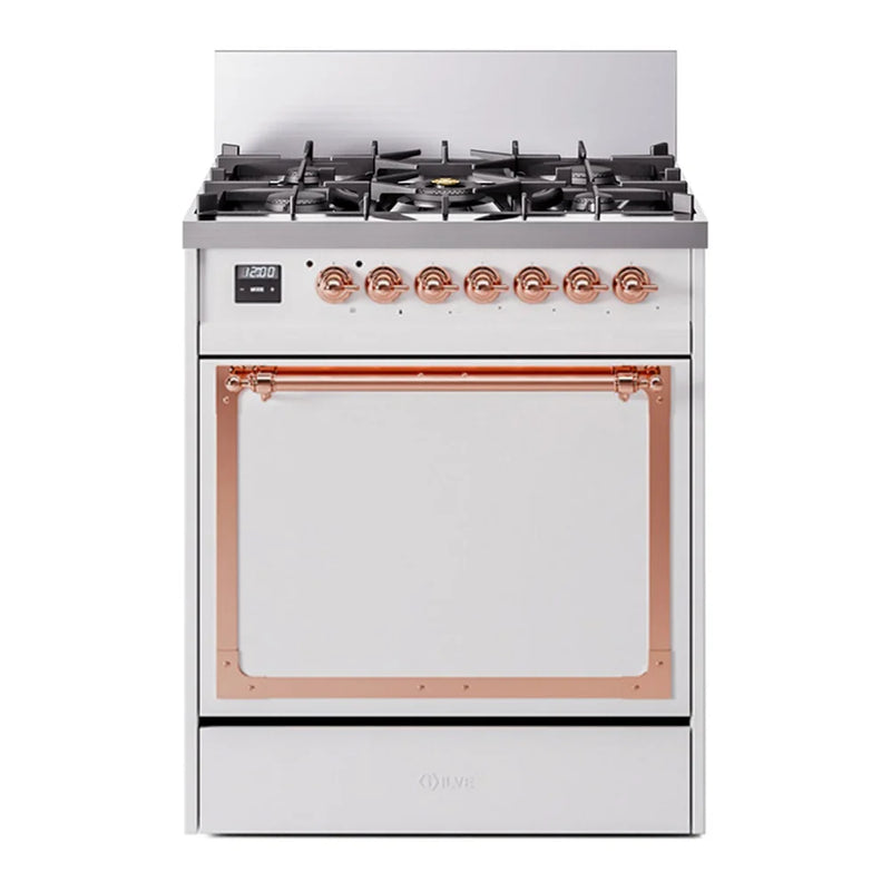 ILVE Nostalgie II Noblesse 30" Dual Fuel Freestanding Range in White with Copper Trim, UN30QNMPWHP
