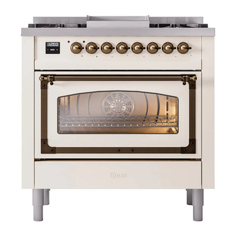 ILVE Nostalgie II Noblesse 36" Dual Fuel Freestanding Range in Antique White with Burnished Trim, UN36FNMPAWBLP