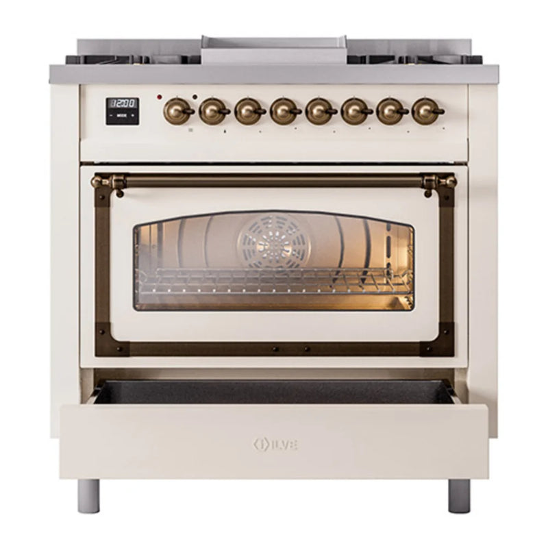 ILVE Nostalgie II Noblesse 36" Dual Fuel Freestanding Range in Antique White with Burnished Trim, UN36FNMPAWBLP