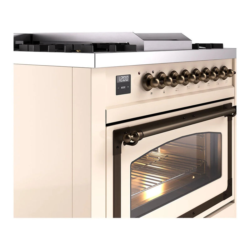 ILVE Nostalgie II Noblesse 36" Dual Fuel Freestanding Range in Antique White with Burnished Trim, UN36FNMPAWB