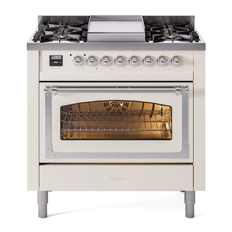 ILVE Nostalgie II Noblesse 36" Dual Fuel Freestanding Range in Antique White with Chrome Trim, UN36FNMPAWCLP