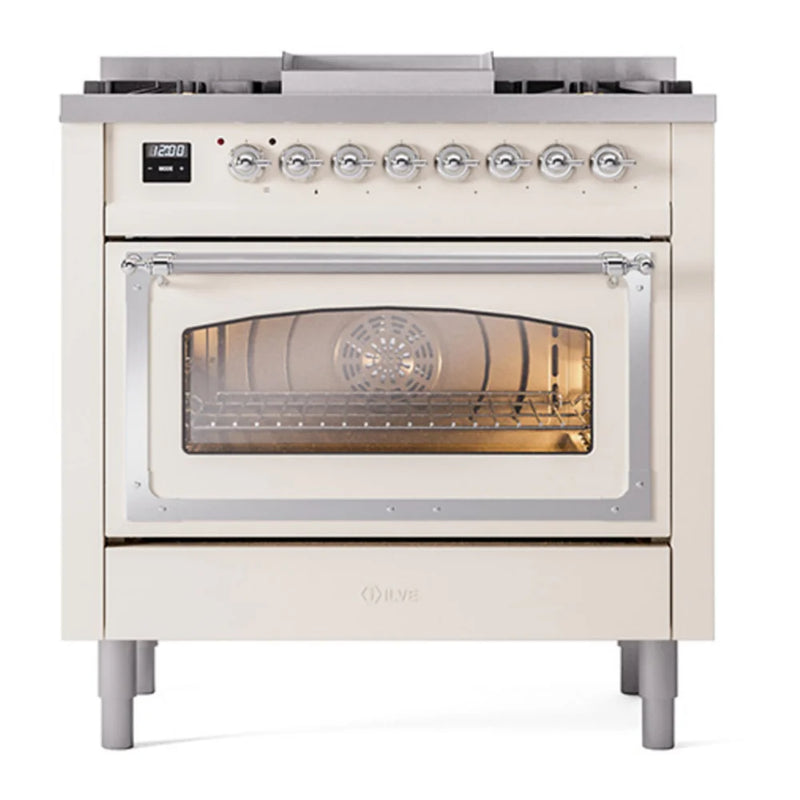 ILVE Nostalgie II Noblesse 36" Dual Fuel Freestanding Range in Antique White with Chrome Trim, UN36FNMPAWCLP