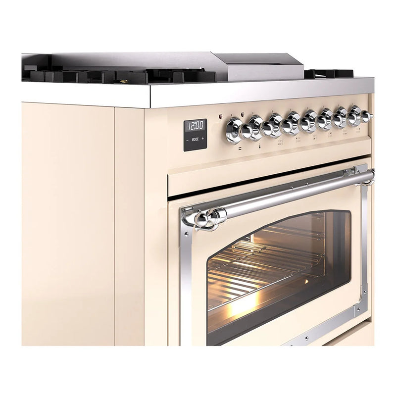 ILVE Nostalgie II Noblesse 36" Dual Fuel Freestanding Range in Antique White with Chrome Trim, UN36FNMPAWCLP