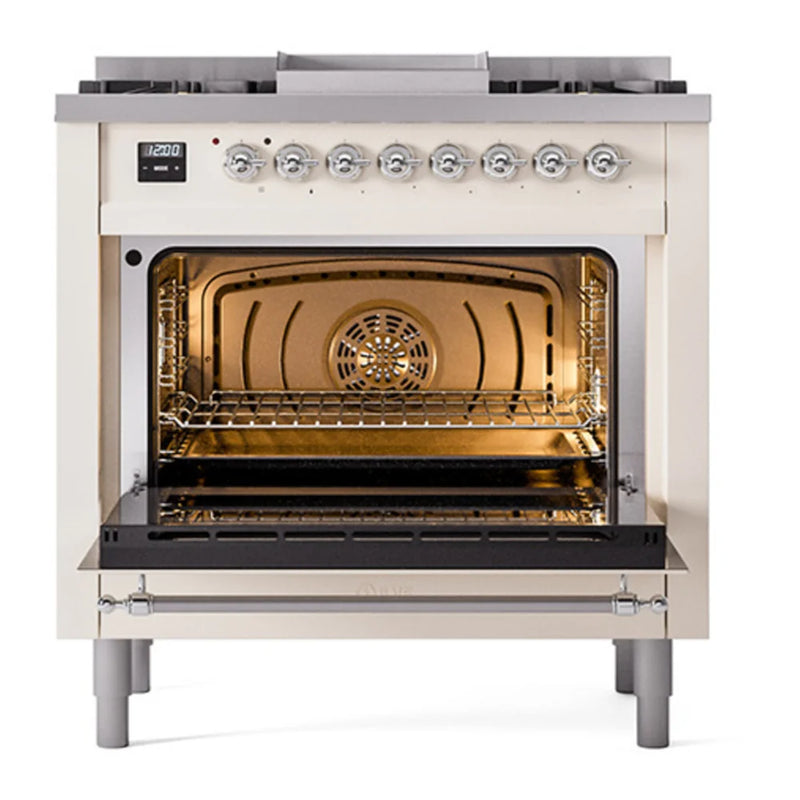 ILVE Nostalgie II Noblesse 36" Dual Fuel Freestanding Range in Antique White with Chrome Trim, UN36FNMPAWC