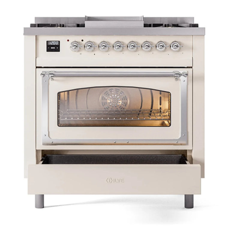 ILVE Nostalgie II Noblesse 36" Dual Fuel Freestanding Range in Antique White with Chrome Trim, UN36FNMPAWC
