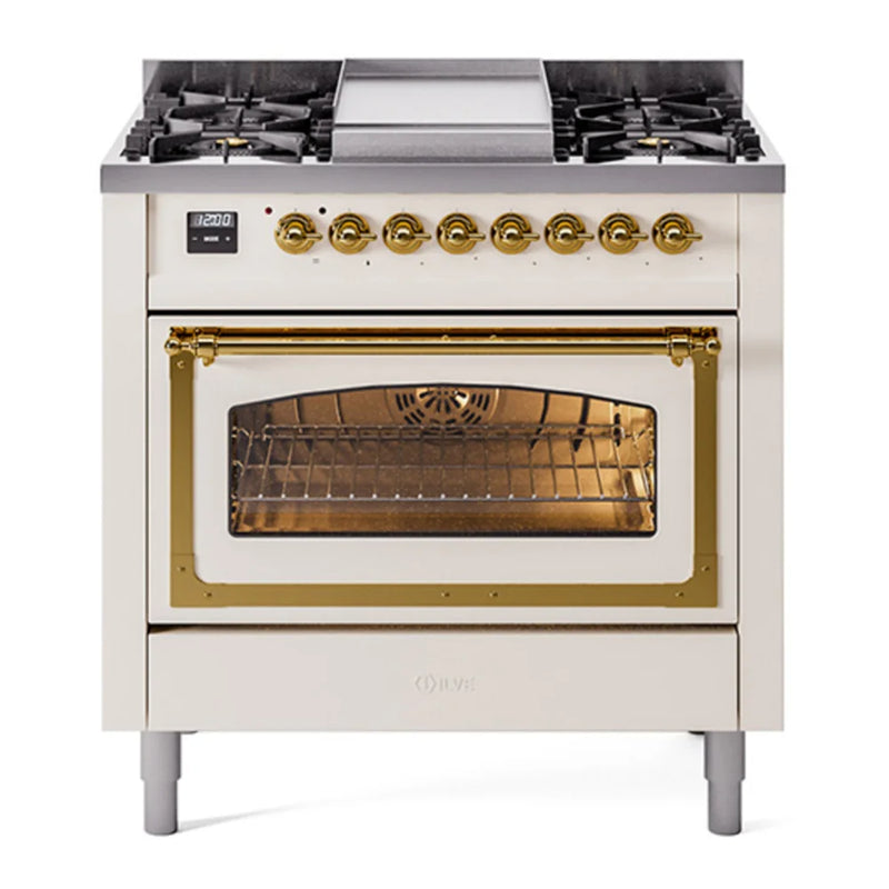 ILVE Nostalgie II Noblesse 36" Dual Fuel Freestanding Range in Antique White with Brass Trim, UN36FNMPAWGLP