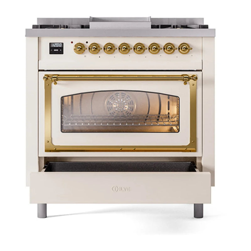 ILVE Nostalgie II Noblesse 36" Dual Fuel Freestanding Range in Antique White with Brass Trim, UN36FNMPAWGLP