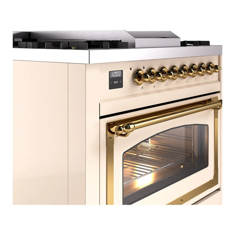 ILVE Nostalgie II Noblesse 36" Dual Fuel Freestanding Range in Antique White with Brass Trim, UN36FNMPAWGLP