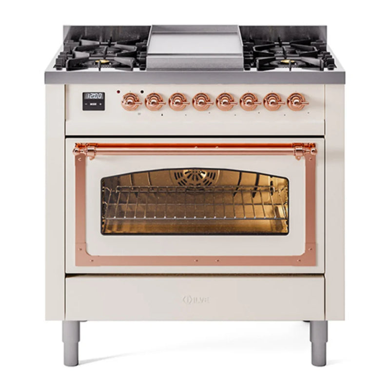 ILVE Nostalgie II Noblesse 36" Dual Fuel Freestanding Range in Antique White with Copper Trim, UN36FNMPAWPLP