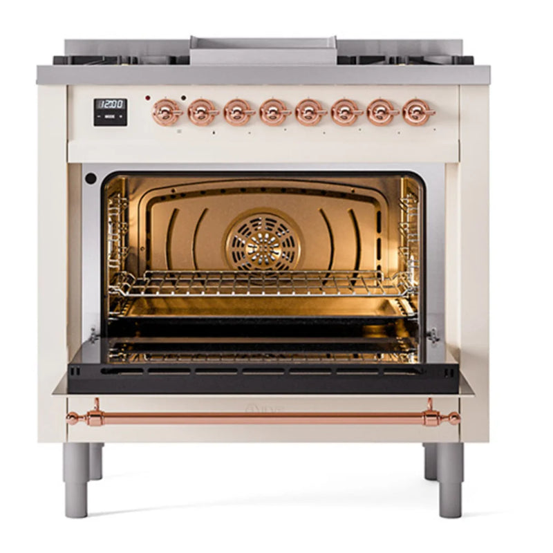 ILVE Nostalgie II Noblesse 36" Dual Fuel Freestanding Range in Antique White with Copper Trim, UN36FNMPAWPLP