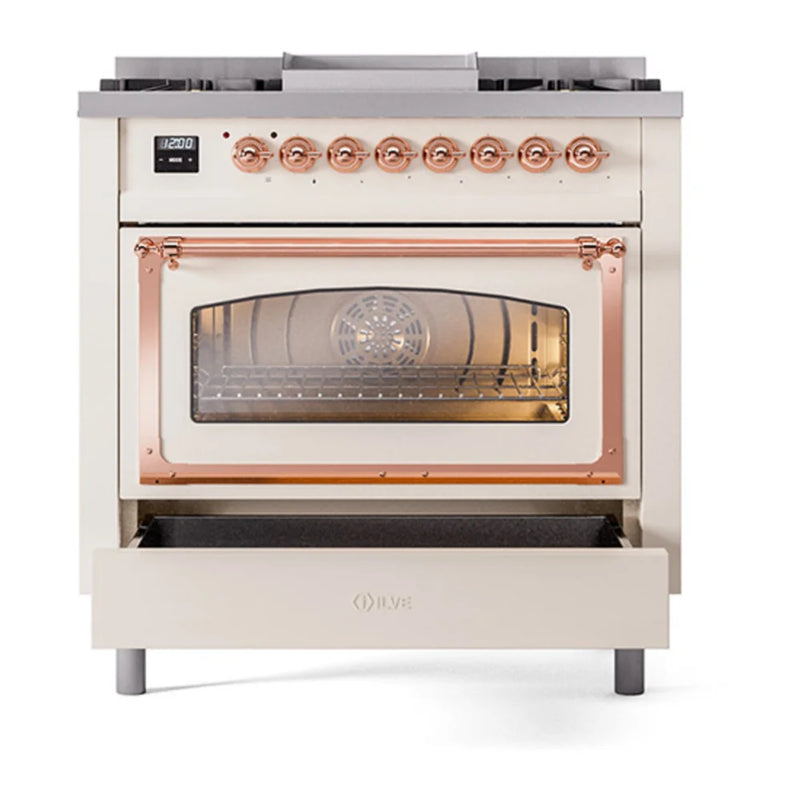ILVE Nostalgie II Noblesse 36" Dual Fuel Freestanding Range in Antique White with Copper Trim, UN36FNMPAWPLP