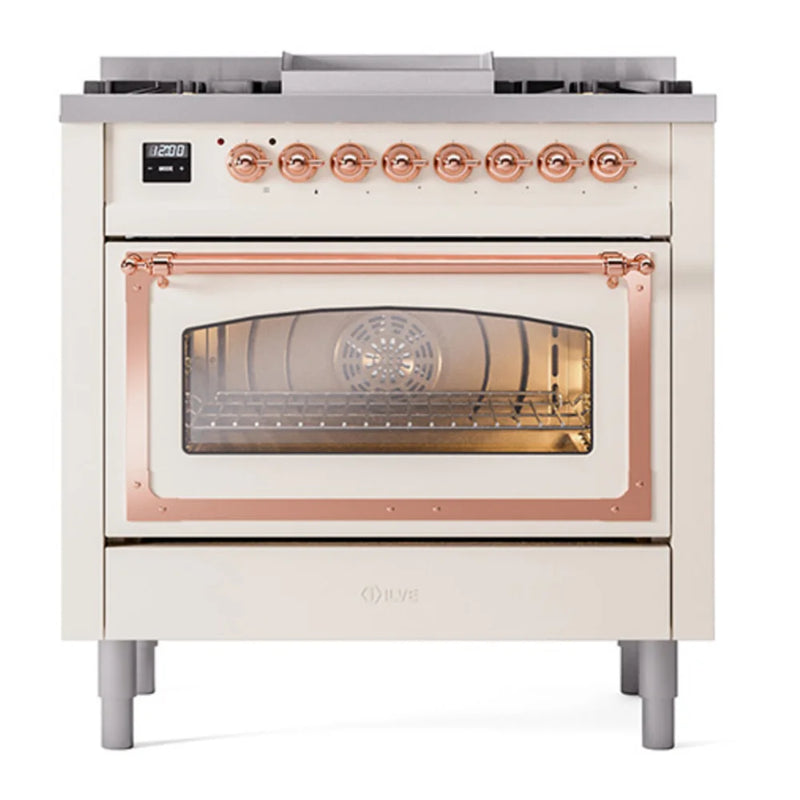 ILVE Nostalgie II Noblesse 36" Dual Fuel Freestanding Range in Antique White with Copper Trim, UN36FNMPAWP