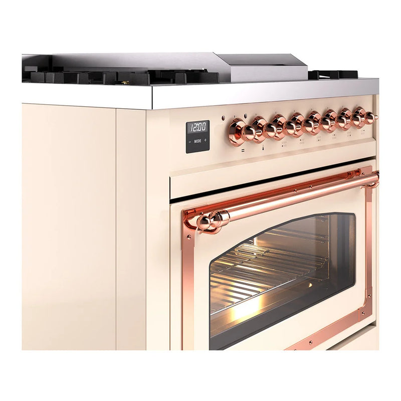 ILVE Nostalgie II Noblesse 36" Dual Fuel Freestanding Range in Antique White with Copper Trim, UN36FNMPAWP