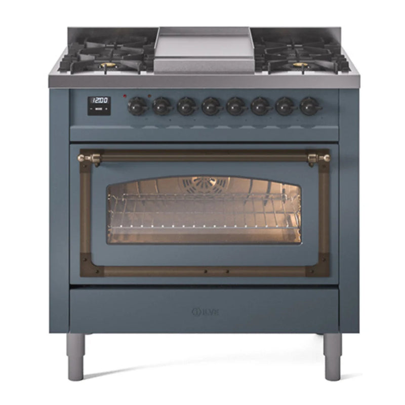ILVE Nostalgie II Noblesse 36" Dual Fuel Freestanding Range in Blue Grey with Burnished Trim, UN36FNMPBGBLP