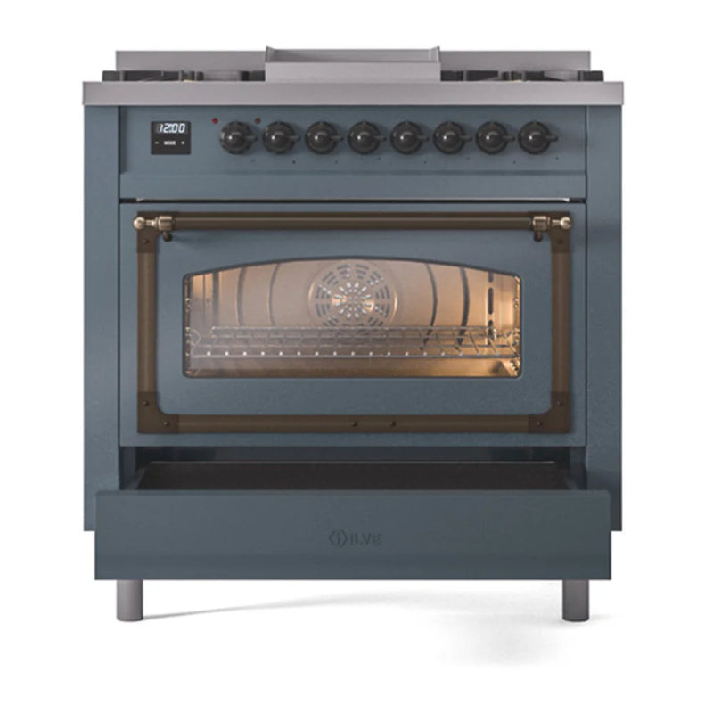 ILVE Nostalgie II Noblesse 36" Dual Fuel Freestanding Range in Blue Grey with Burnished Trim, UN36FNMPBGBLP